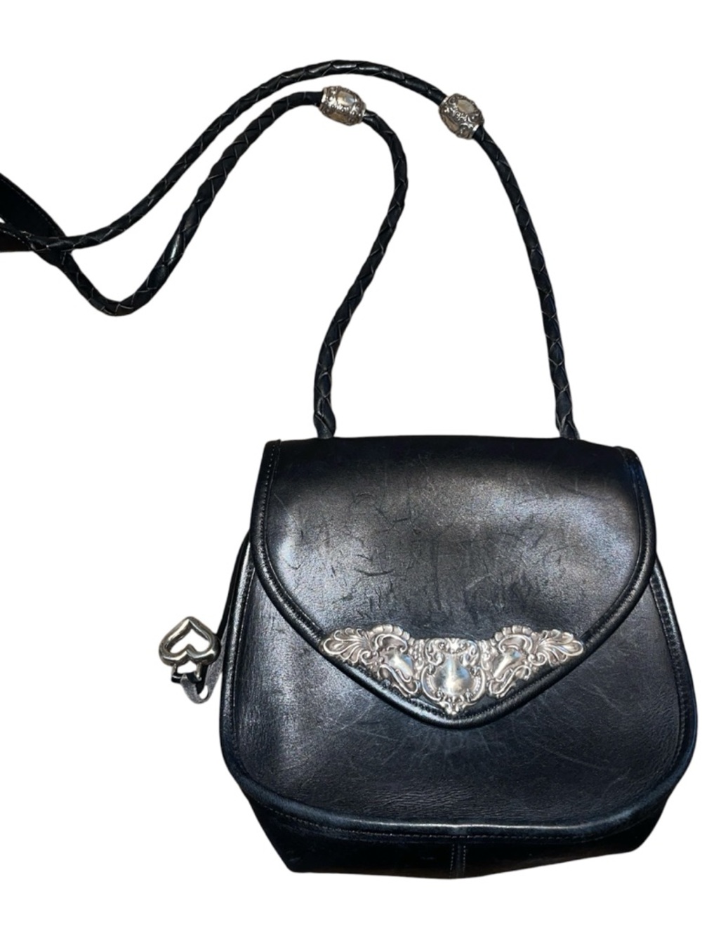 Brighton Black Leather Crossbody with Ornate Silver Accent